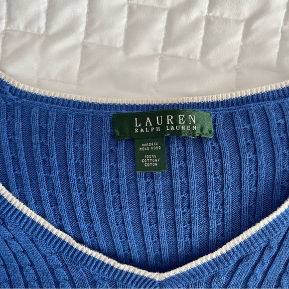 RALPH LAUREN Blue Cerulean Periwinkle 100% Cotton V-neck Sweater - Picture 2 of 6